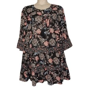 STYLE & CO Blue Pink Floral Print Boho Flare Sleeve Tiered Black Dress Large
